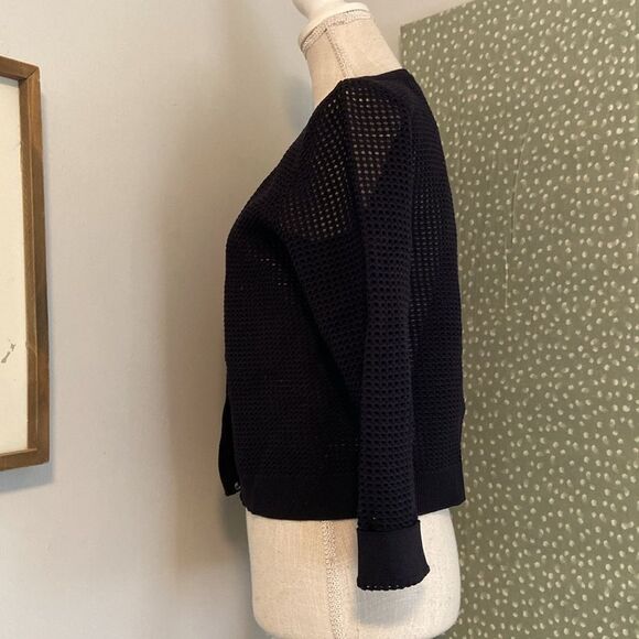 Milly Black Crochet Knit Cropped 3/4 Sleeve Lightweight Cardigan Size Medium - Picture 4 of 8